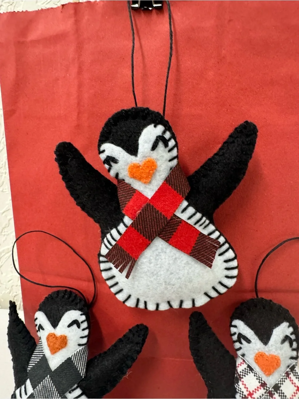 Christmas Ornaments Penguin Handmade felt black white red use as gift bag decor